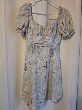 Floral Puff Sleeve Mini Dress in Light Sage & Rust